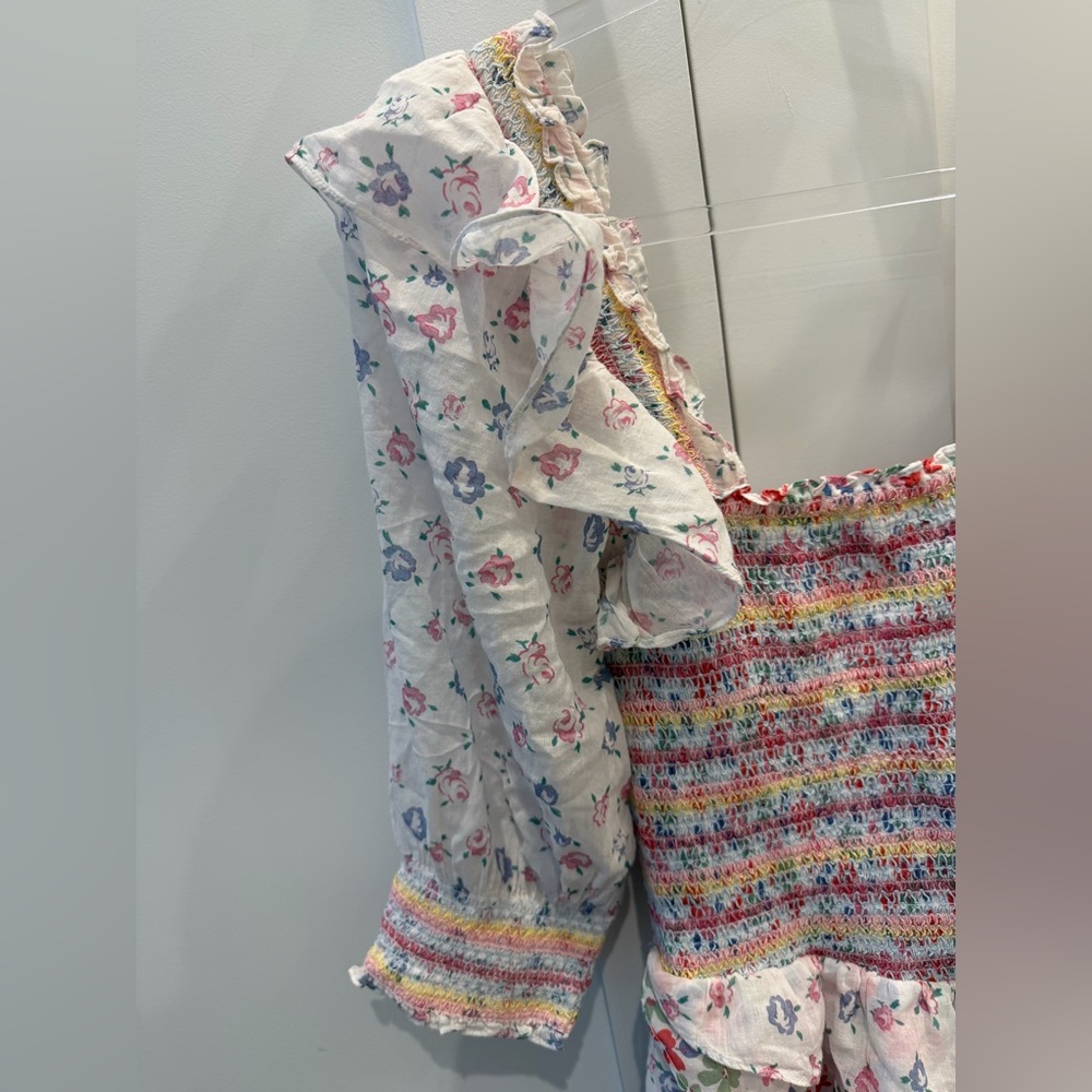 LoveShackFancy Multicolor Smocked Floral Asymmetrical Ruffle Mini Dress - Picture 8 of 9